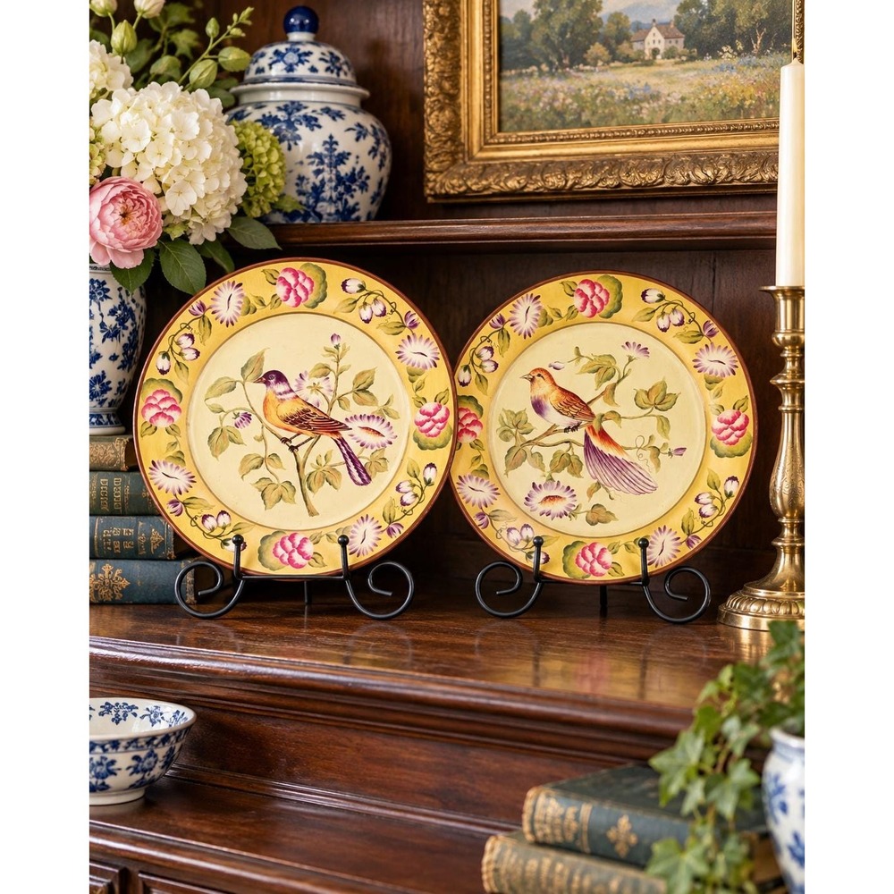 Vintage Bird Floral Decorative Plates Set of 2 10" Chinoiserie Wall Decor